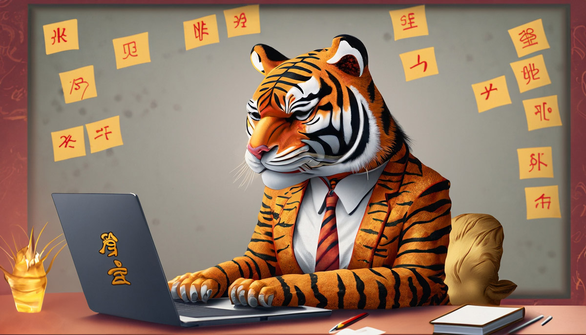 the Chinese Zodiac symbol, the tiger, diligently working, courtesy of Astrolovely.com